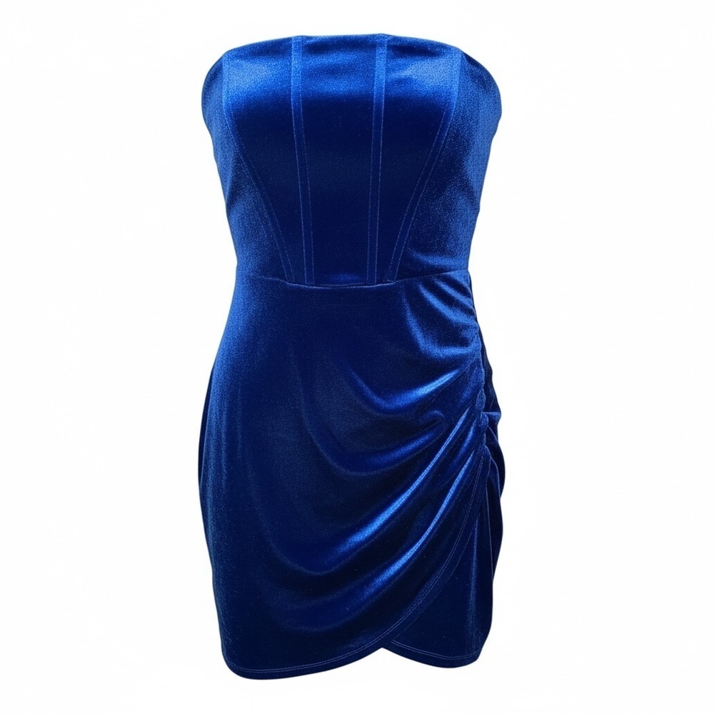 Lulus Royal Blue Velvet Strapless Ruched Mini Dress Small Luxe Glam - Picture 2 of 6